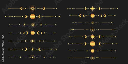 Set of gold tarot dividers separator with moon stars sun and celestial symbols