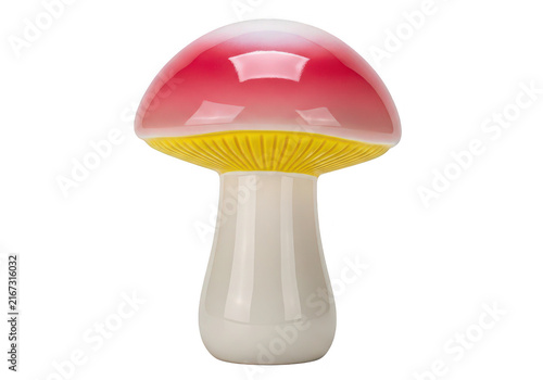 Realistic mushroom illustration with red cap and yellow gills on transparent background