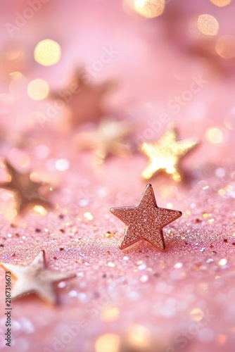 Scattered glittery stars on a soft pink background, with bokeh lights