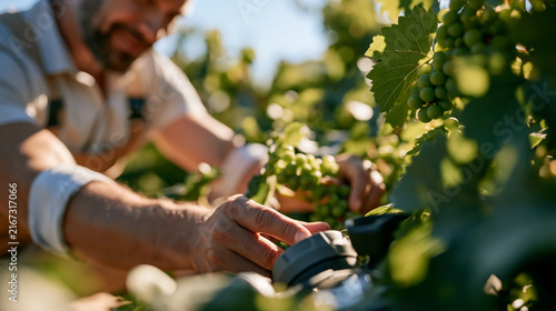 An agronomist adjusting a smart drip irrigation valve controller at the edge of a vineyard, close-up detail shot, high-key bright lighting, shot on 35mm lens, authentic unposed moo