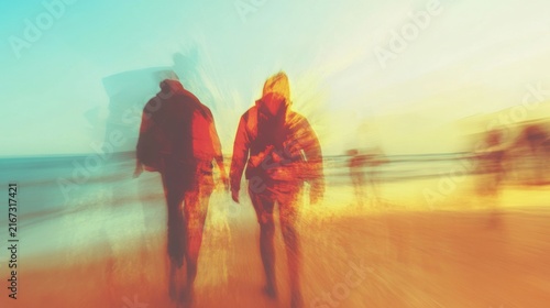 Two figures walking on a beach with blurred motion and vibrant colors