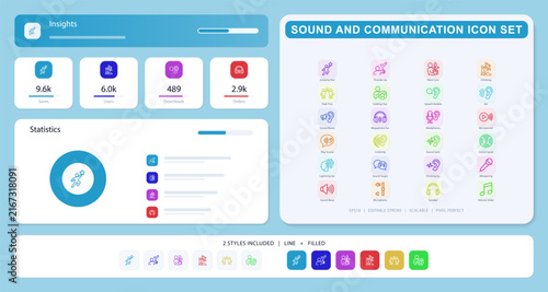 Sound and communication icons set. Bold glyph collection of ear, microphone, headphones and speech symbols for UI design