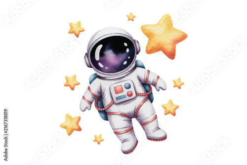 Minimal Watercolor Astronaut in Space, Cute Space Explorer With Stars Vector Illustration Isolated on White Background