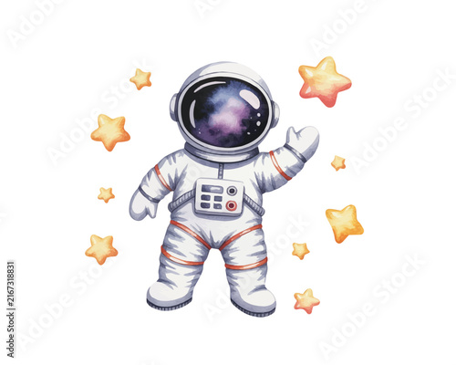 Cute Minimal Watercolor Astronaut With Stars Floating vector illustration isolated on white background