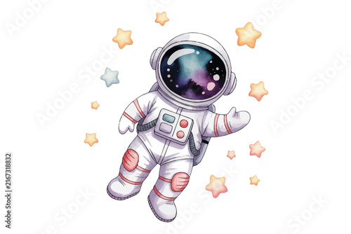 Cute Watercolor Astronaut Vector Illustration, Floating Space Explorer With Stars, Minimal Cartoon Design Isolated on White