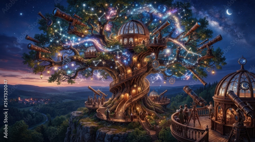 Obraz premium Whimsical Observatory Treehouse: An enchanted treehouse, adorned with twinkling lights and whimsical observatory domes, sits atop a cliff overlooking a twilight landscape.