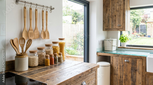 Modern Kitchen Interior of Sustainable Home with Bamboo Utensils and Glass Food Containers
