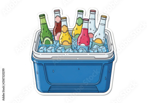 Cooler filled with assorted bottled beverages on transparent background ice