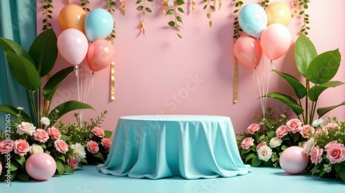 Pastel Balloons and Floral Decorations Surround a Draped Table for a Festive Event