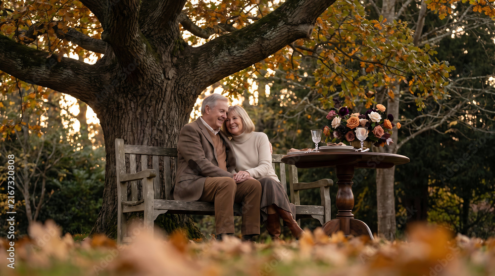 Fototapeta premium Senior couple sitting together on a wooden bench under a large autumn tree with a small round table, wine glasses, and a floral centerpiece nearby