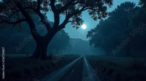 Serene Moonlight Illuminates a Mysterious Path Through an Enchanting Forest at Night