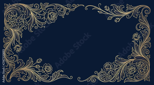 Elegant golden floral corner frame border on dark blue background, vintage ornate decorative flourishes