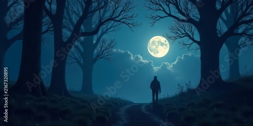 Solitary Figure Walking a Moonlit Path Through a Dark Forest at Night
