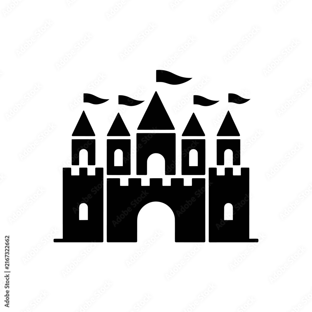 Fototapeta premium Black and White Castle Illustration with Flags and Towers.