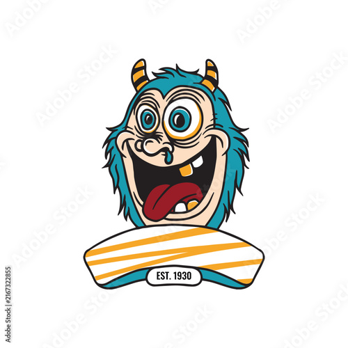 Blue Goofy Monster Mascot With Surfboard and Retro Est. 1930 Badge Illustration