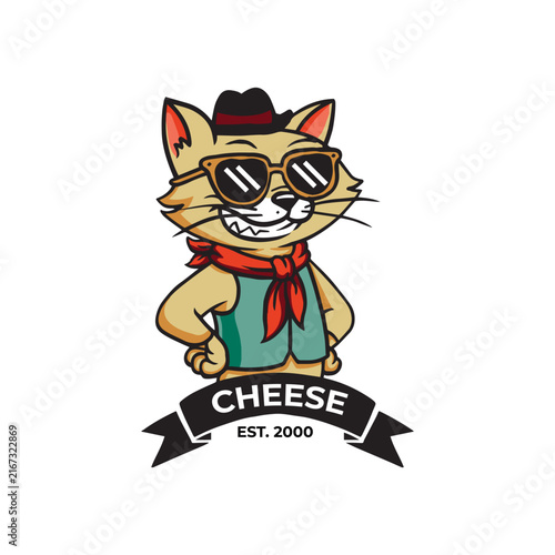 Cheese Mascot Cat Logo With Sunglasses, Hat, Bandana, and Banner Est. 2000 - Playful Brand Mascot