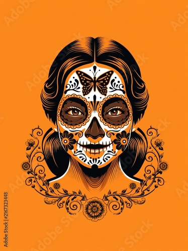 Vibrant Day of the Dead Inspired Sugar Skull Portrait with Floral Ornamentation and Butterfly Face Art on Bold Orange Background