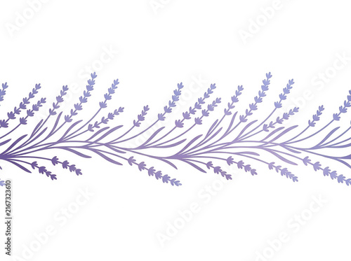 Borde decorativo horizontal con flores de lavanda de color púrpura sobre un fondo blanco limpio, ideal para diseños elegantes de papelería, invitaciones de boda y proyectos creativos.