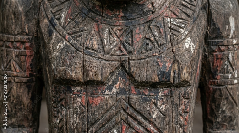 Obraz premium A close up macro shot of the traditional Toraja Tau Tau Barana memorial effigy showing intricate wood carvings and weathered antique textures in a cinematic horizontal widescreen frame.