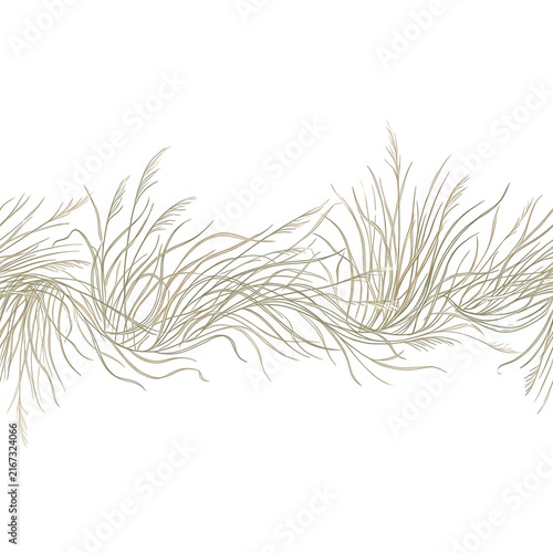 Ilustración vectorial de una franja decorativa con hierbas silvestres y plantas de pradera en estilo lineal minimalista sobre un fondo blanco puro, ideal para diseño gráfico y papelería.