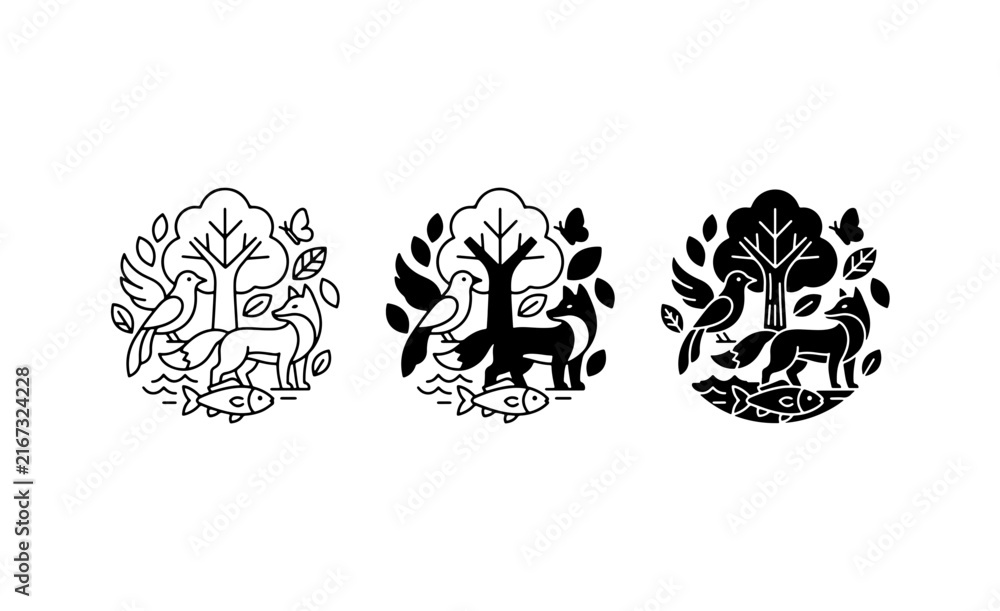 Fototapeta premium Nature Emblem Set: Forest Animals, Birds, Fish, Trees, Leaves, 3 Vector Icons, Eco-friendly Design Elements