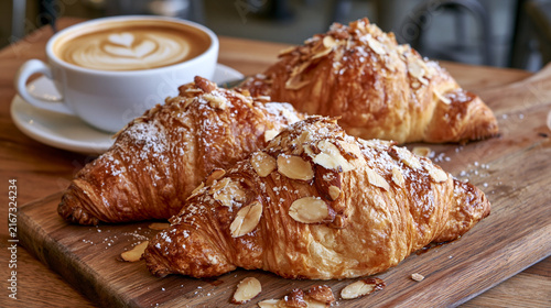 almond croissant and coffee,breakfast,morning