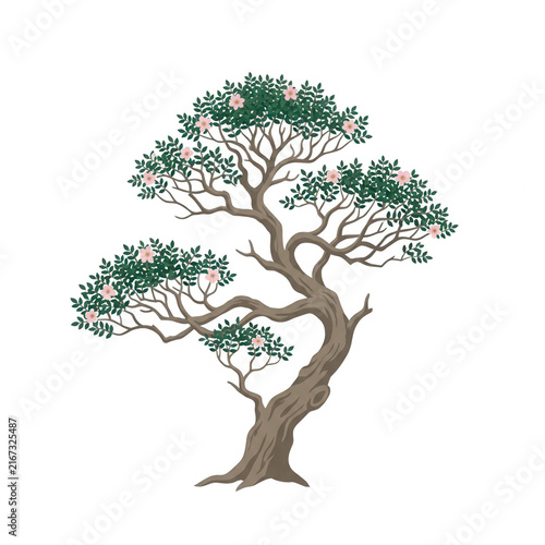 Ilustración vectorial de un árbol bonsái estilizado con hojas verdes y pequeñas flores rosadas, diseñado con un estilo artístico elegante sobre un fondo blanco limpio y minimalista.
