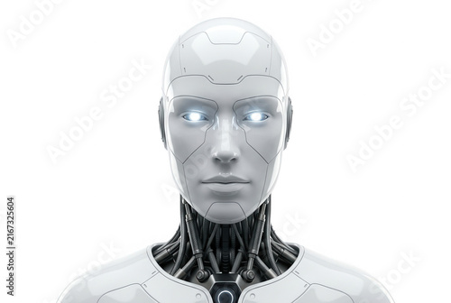 Primer plano de un androide humanoide futurista con piel blanca brillante y ojos brillantes que emiten luz, representando inteligencia artificial avanzada y tecnología robótica moderna.