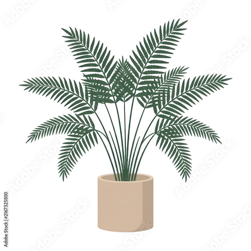 Ilustración vectorial de una planta de palma en maceta con hojas verdes detalladas, diseño minimalista y plano ideal para decoración de interiores, diseño gráfico y proyectos botánicos.