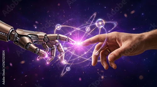 Human and robot hand touching with futuristic glowing atomic structure and energy spark