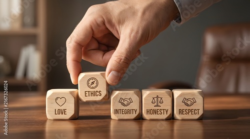 Business ethics and corporate integrity concept with wooden cubes on office desk