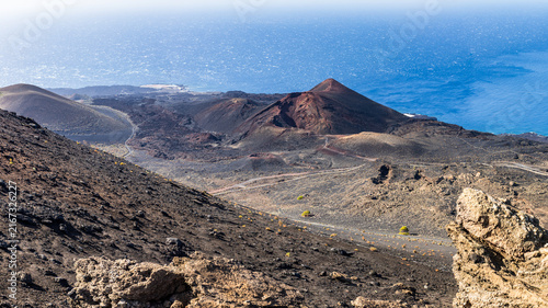 Panoramic vista over volcanic crater cones and lava fields in Fuencaliente, La Palma.