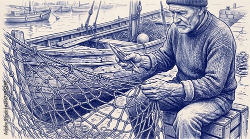 Elderly fisherman mending net in harbor ink sketch.