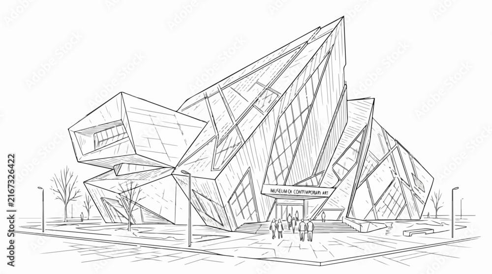 Naklejka premium Modern Museum of Contemporary Art Architectural Sketch Line Art Drawing
