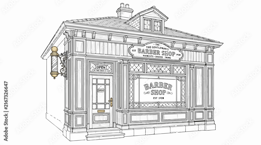 Fototapeta premium Vintage barber shop line art storefront illustration with classic pole