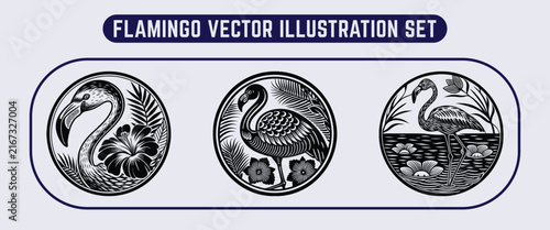 Linocut flamingo vector illustration set featuring tropical leaves, hibiscus, water lilies, and vintage circular woodcut art for print and digital designs.