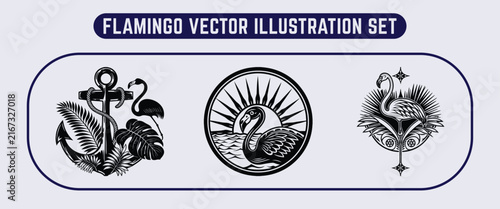 Linocut flamingo vector set featuring nautical anchor, tropical leaves, ocean sunset, and geometric boho line art for vintage woodcut print and sticker design.