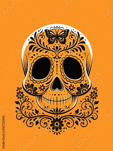 Vibrant Day of the Dead Inspired Sugar Skull Portrait with Floral Ornamentation and Butterfly Face Art on Bold Orange Background