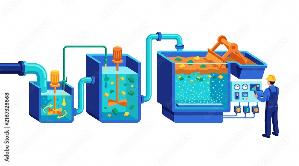 Fototapeta premium Technician Monitoring Industrial Wastewater Treatment Plant Process Vector Illustration