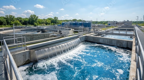 Clean water flows through a water treatment plant facility for environmental stewardship.