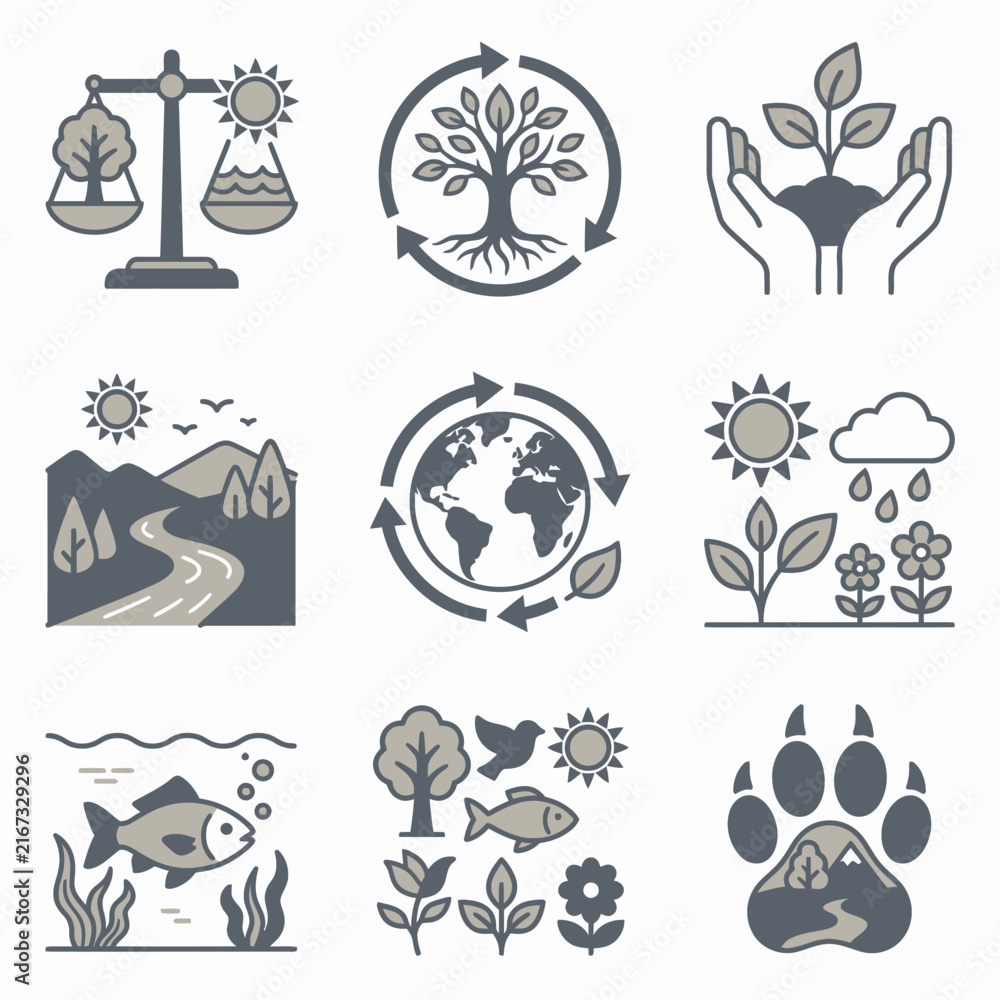 Fototapeta premium Eco-friendly icons set with nature and sustainability symbols.
