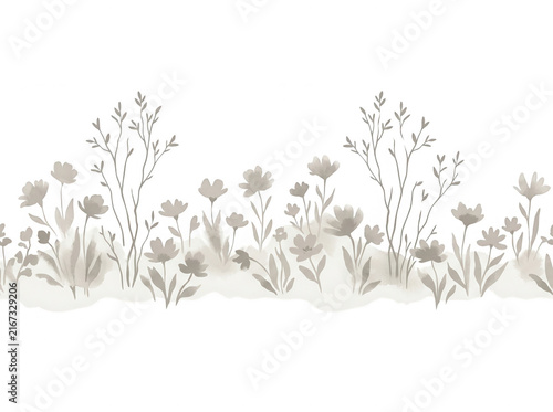 Bordo decorativo senza giunture con fiori di campo stilizzati e rami sottili in tonalità grigio tenue su sfondo bianco, ideale per design elegante, inviti di nozze, carta da parati o cancelleria.