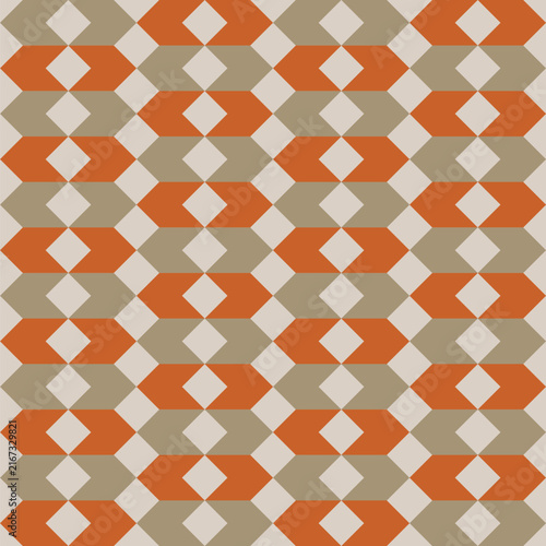 Seamless pattern created from rows of khaki and orange arrows on a pale grey background