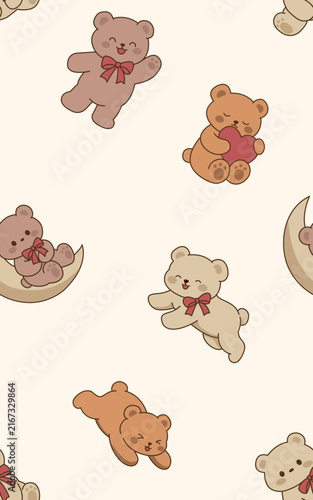 8. Seamless Cute Teddy Bear Pattern for Baby Nursery Backgrounds With Hearts, Moons and Bows