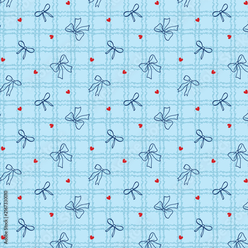 13. Seamless Blue Plaid Pattern With Hand-Drawn Navy Bows and Red Hearts for Gift Wrap
