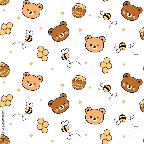 16. Cute Bear And Honey Bee Seamless Pattern With Kawaii Bears, Bees And Honeycomb Elements