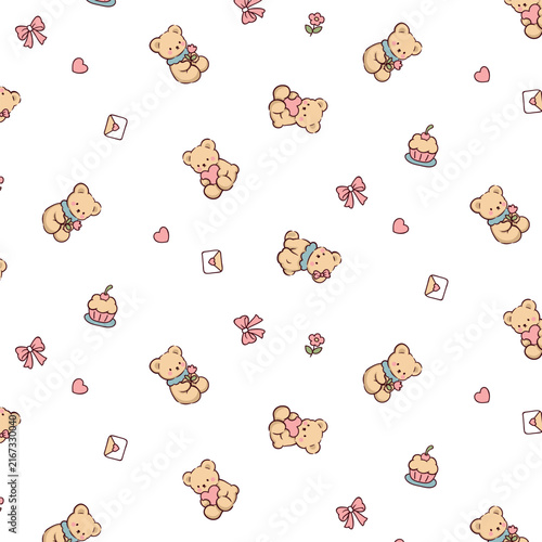 17. Cute Teddy Bear Seamless Pattern With Hearts, Cupcakes and Bows for Baby Nursery and Gift Wrap