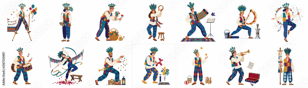 Fototapeta premium A collection of colorful illustrations depicting a street performer in folk costume engaged in various acts like juggling, magic, and music.