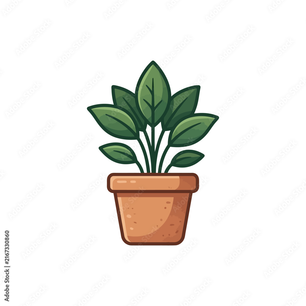 Fototapeta premium Stylized vector illustration of a lush green houseplant with multiple leaves in a terracotta brown clay pot for interior design
