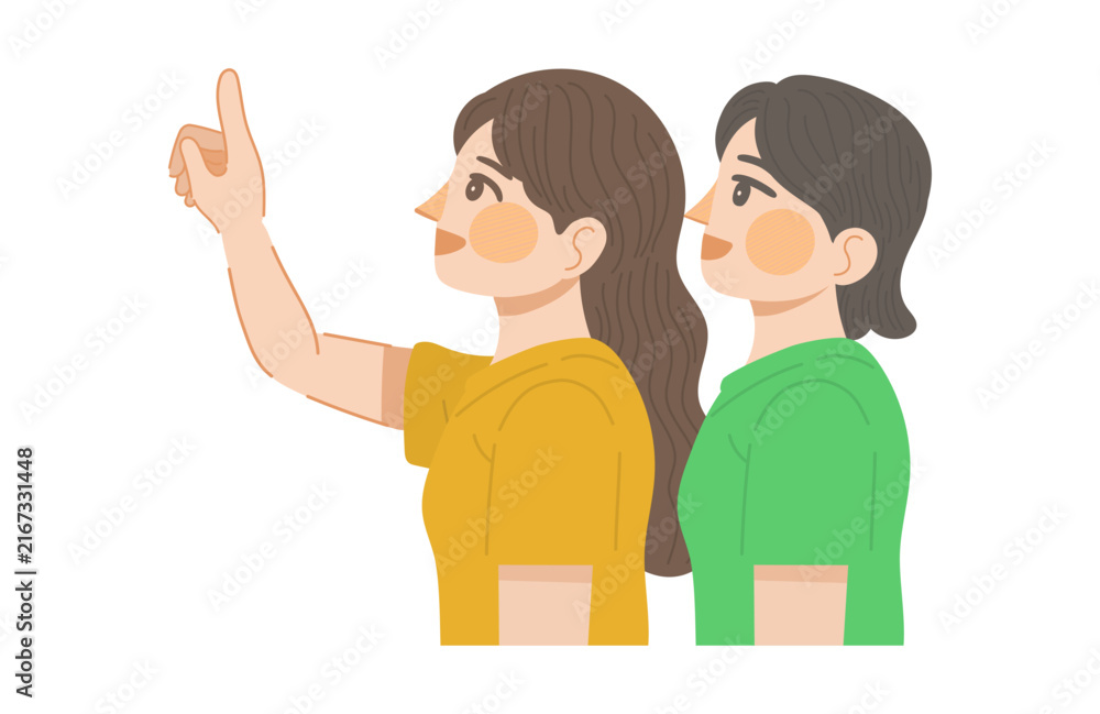 Obraz premium 笑顔で上を指さす女性と、笑顔で上を見る女性のイラスト